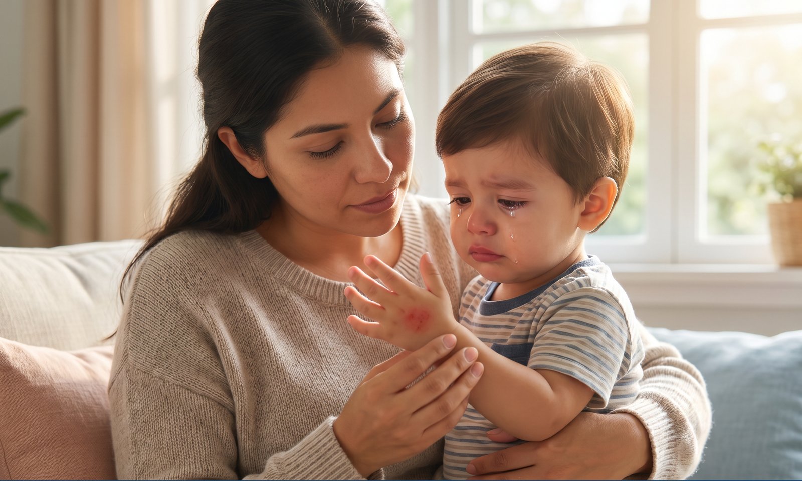 Madre revisando la mano quemada de su hijo