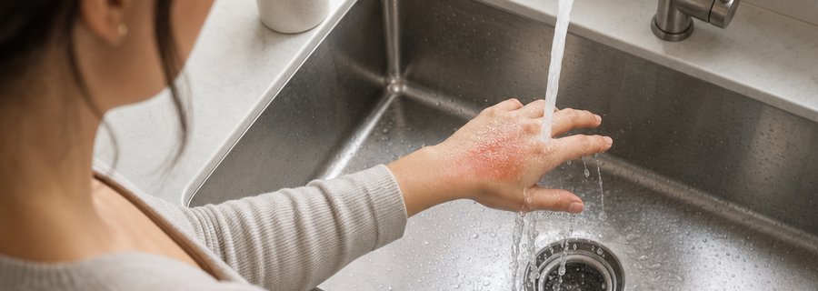 Mano bajo agua fría tras una quemadura